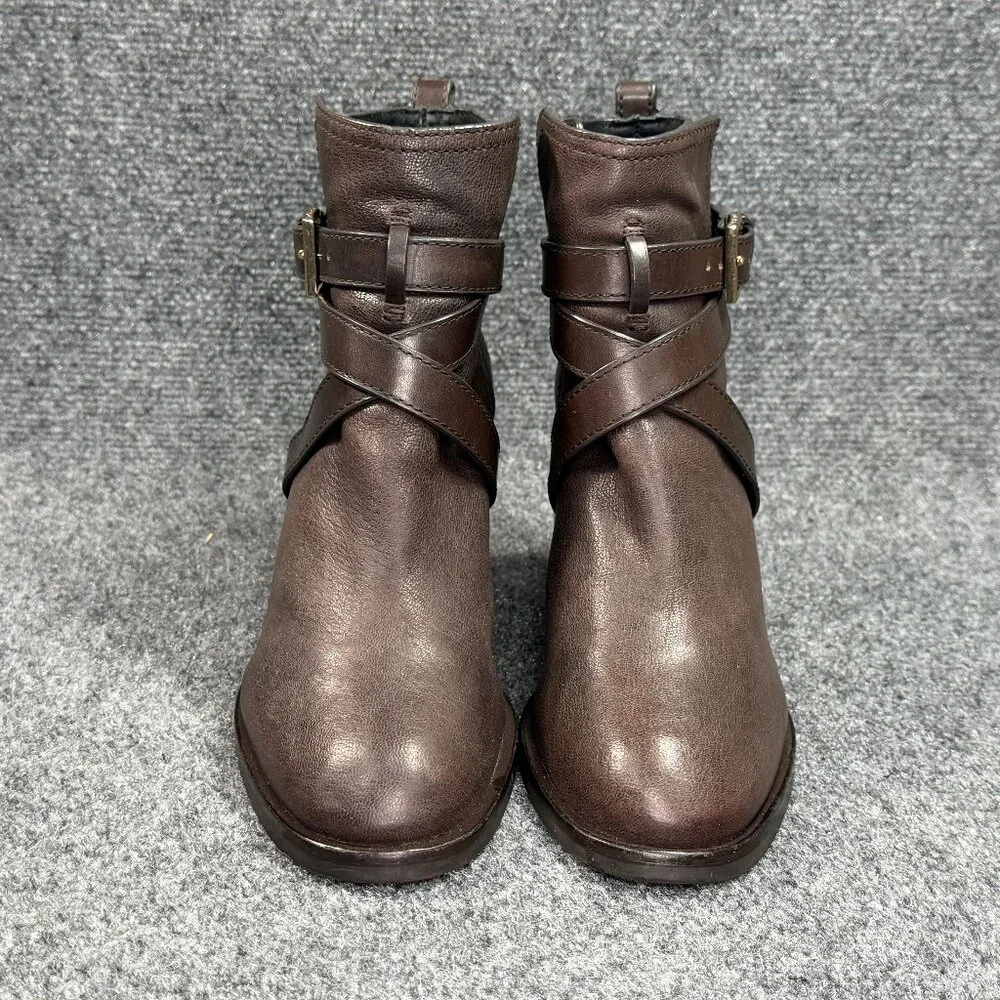 Tory Burch Hastings‎ Ankle Boots Women's Size 9 Brown Leather Cross Strap Heeled